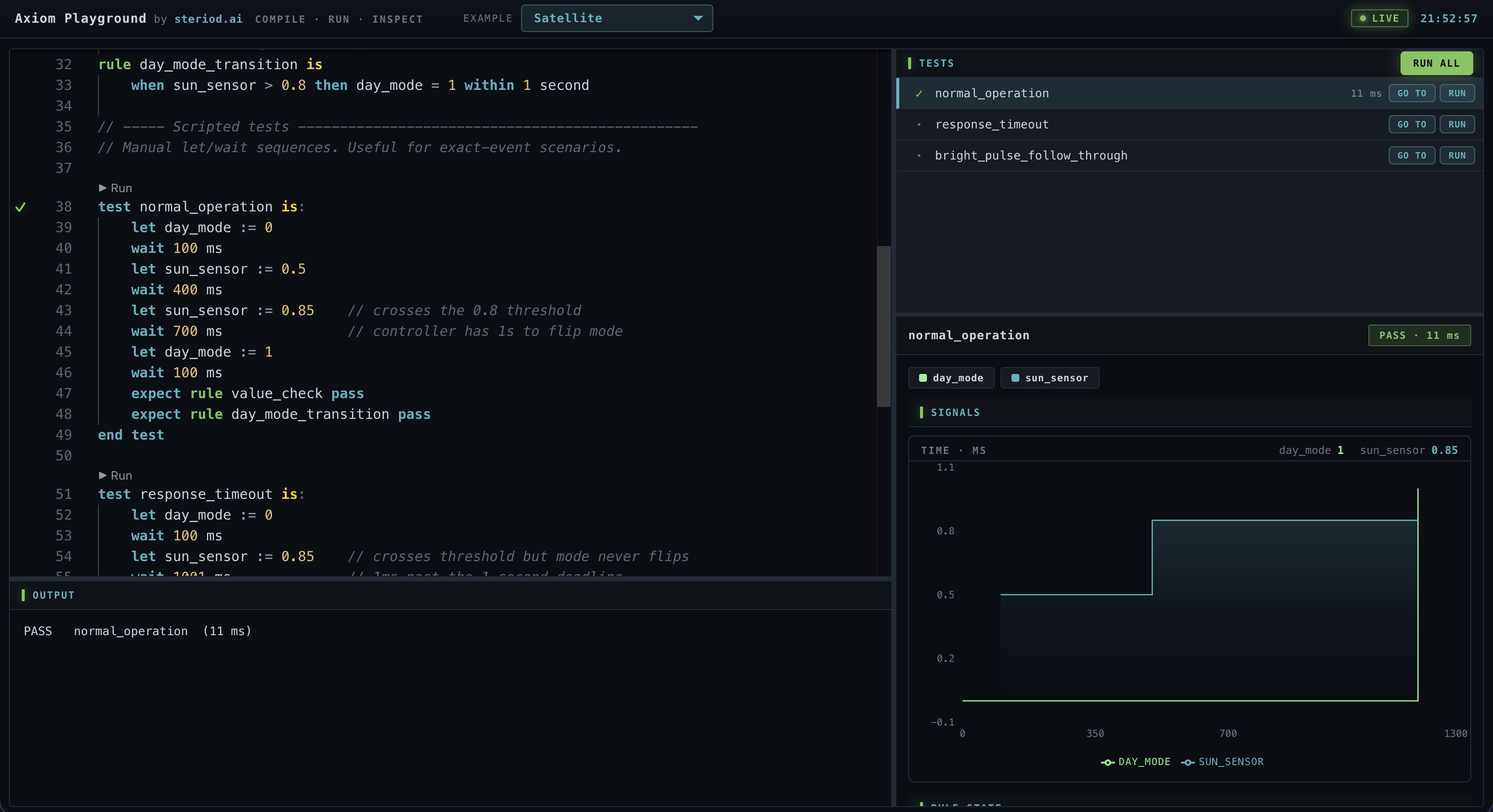 Axiom Playground showing code editor with rule definitions and test results alongside signal timeline charts